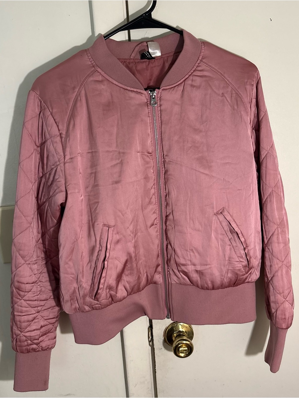 H&M Quilted Bomber Jacket in Dusty Pink